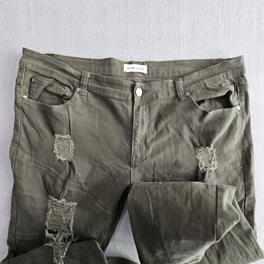 Blind Trust Jeans Men's 42x32 Green Stretch Denim Distressed Streetwear Lined - Picture 7 of 16